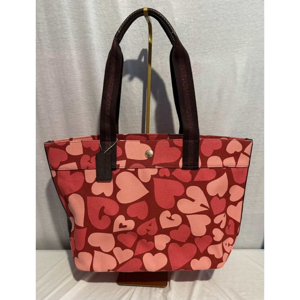 NEW NWT Coach HEARTS Print Canvas Tote Shoulder Bag 91169 Purse Handbag Pink Red - Picture 1 of 3